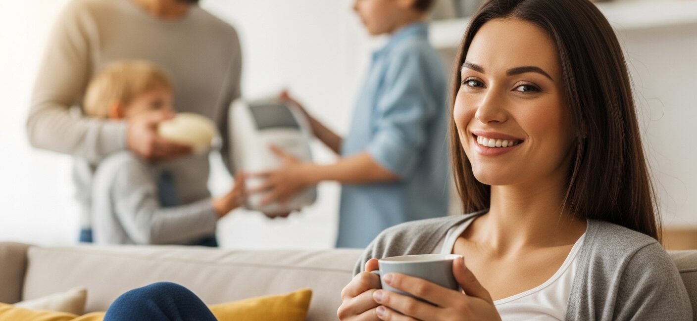 Mulher relaxando no sofá enquanto parceiro e filho colaboram com as tarefas de casa ao fundo, simbolizando o fim da sobrecarga.