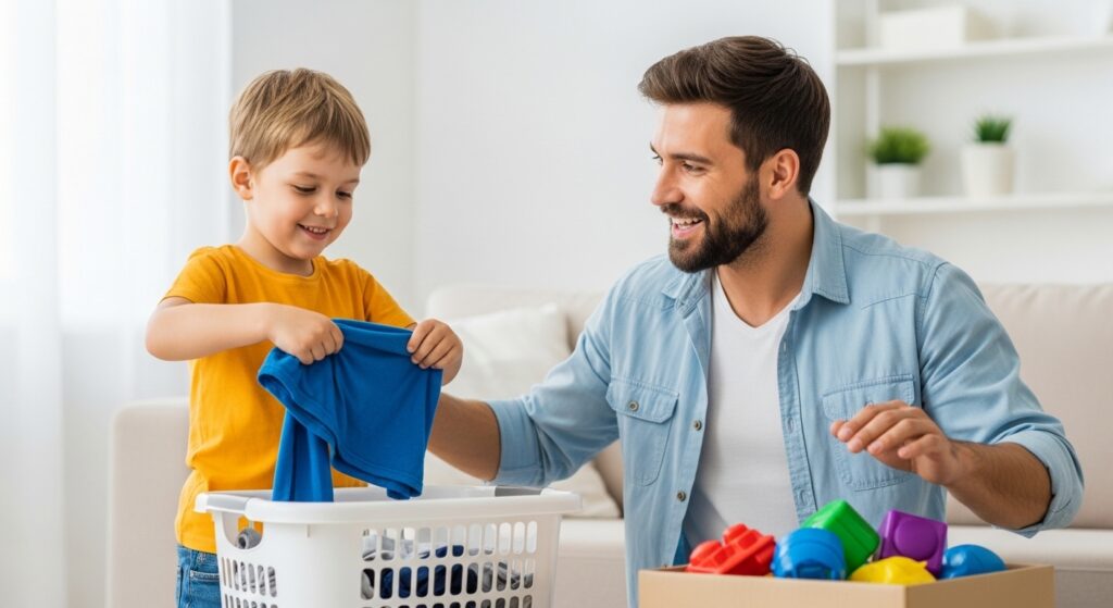 Criança pequena aprendendo com o pai a importância de colaborar com as tarefas de casa ao guardar seus brinquedos de forma divertida.