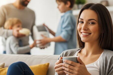 Mulher relaxando no sofá enquanto parceiro e filho colaboram com as tarefas de casa ao fundo, simbolizando o fim da sobrecarga.